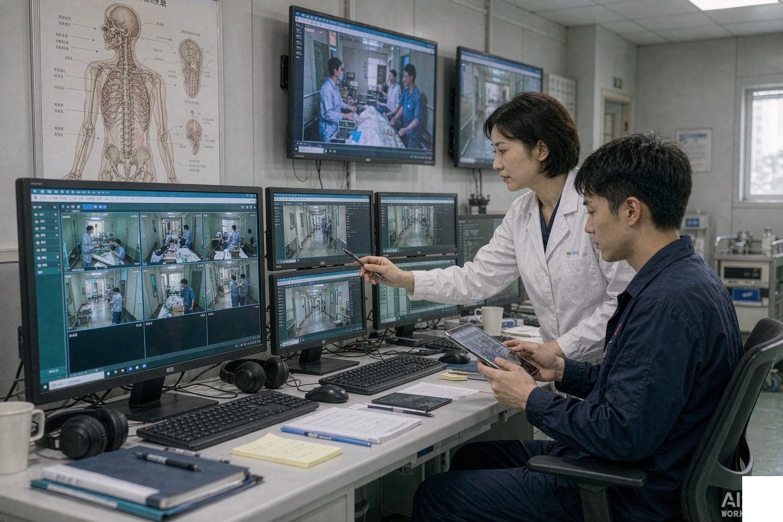 医学学术会议转播示教控制中心内医师与技术员核对多机位画面